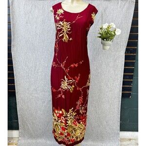 VTG 90s Chinoiserie Floral Maxi Dress Plus Size 18W Burgundy Rayon Made In USA